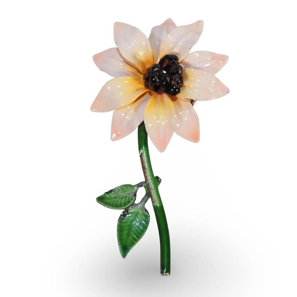 Vintage Enamel Flower Brooch Pink Cream Floral Green Stem Dimensional 3.25"